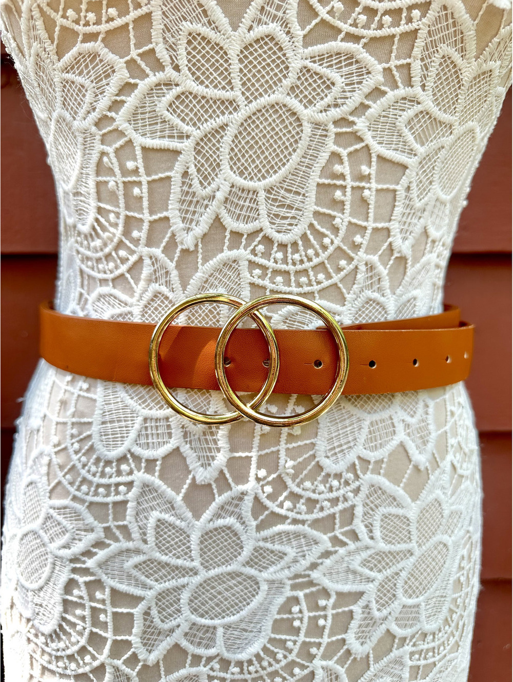 Brown Faux Leather Belt with Double Gold Rings